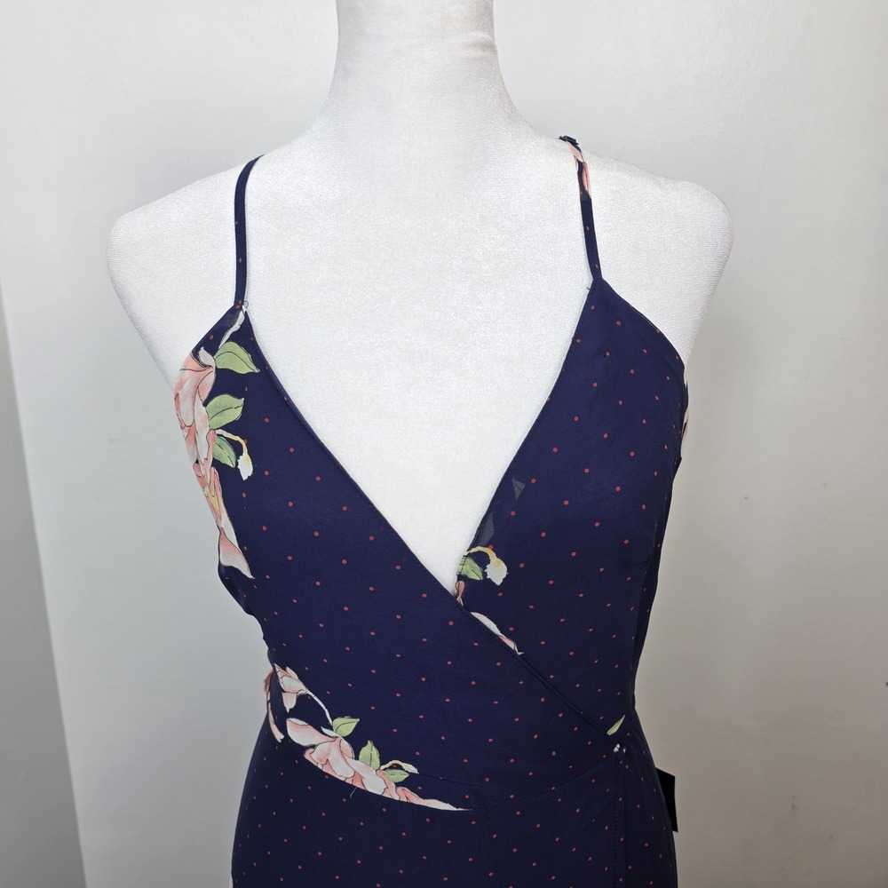 Lulus Navy Blue Floral Polka Dot Loiselle Wrap Boho Romantic Maxi Dress Size M - Picture 3 of 9